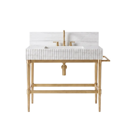 Primora 30 inch Carrara White marble bathroom vanity with fluted sink and solid brass console legs