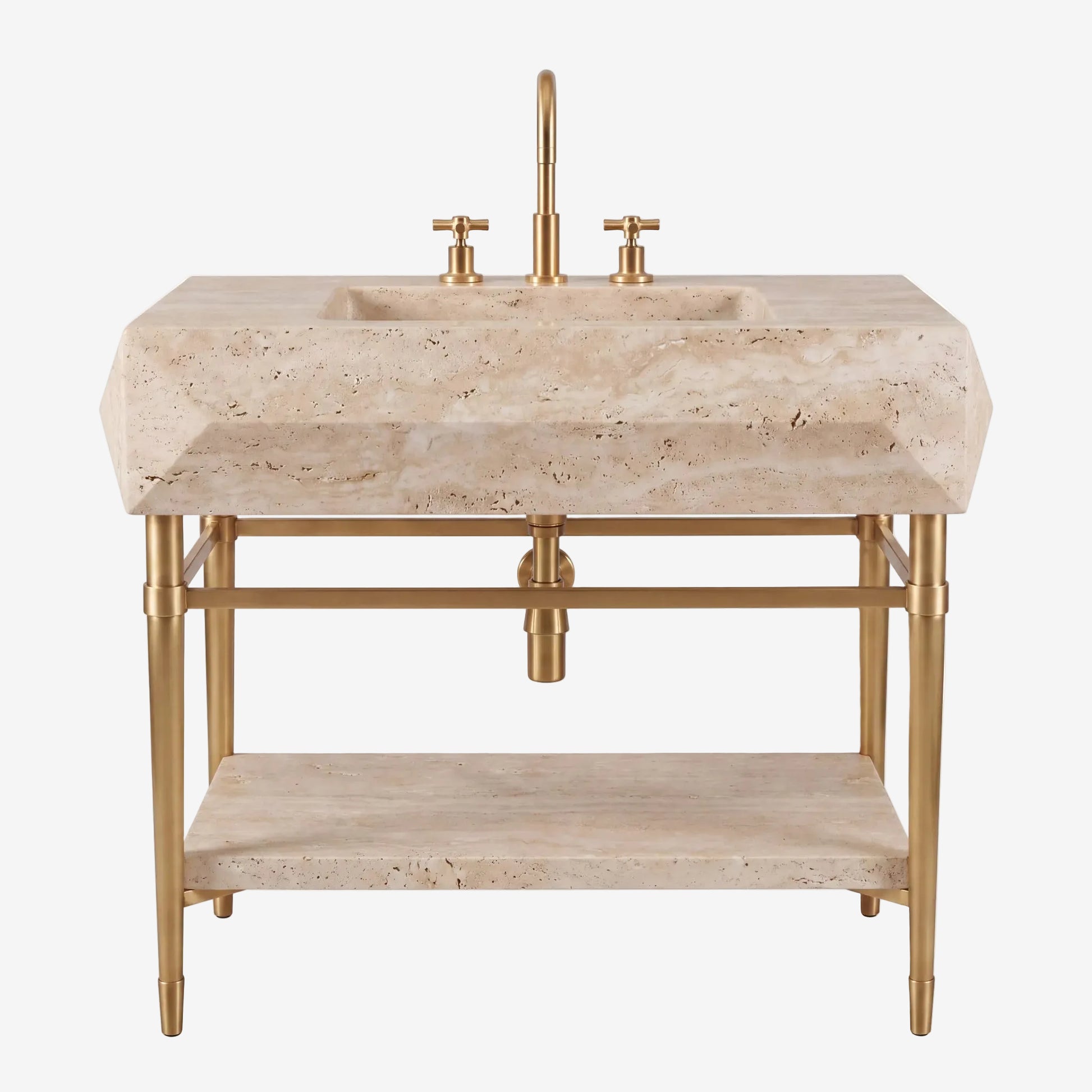 A freestanding bathroom vanity with a rectangular beige travertine stone top and matching lower shelf, supported by a gold-finished metal frame with a tall central faucet and two cross-handle valves.