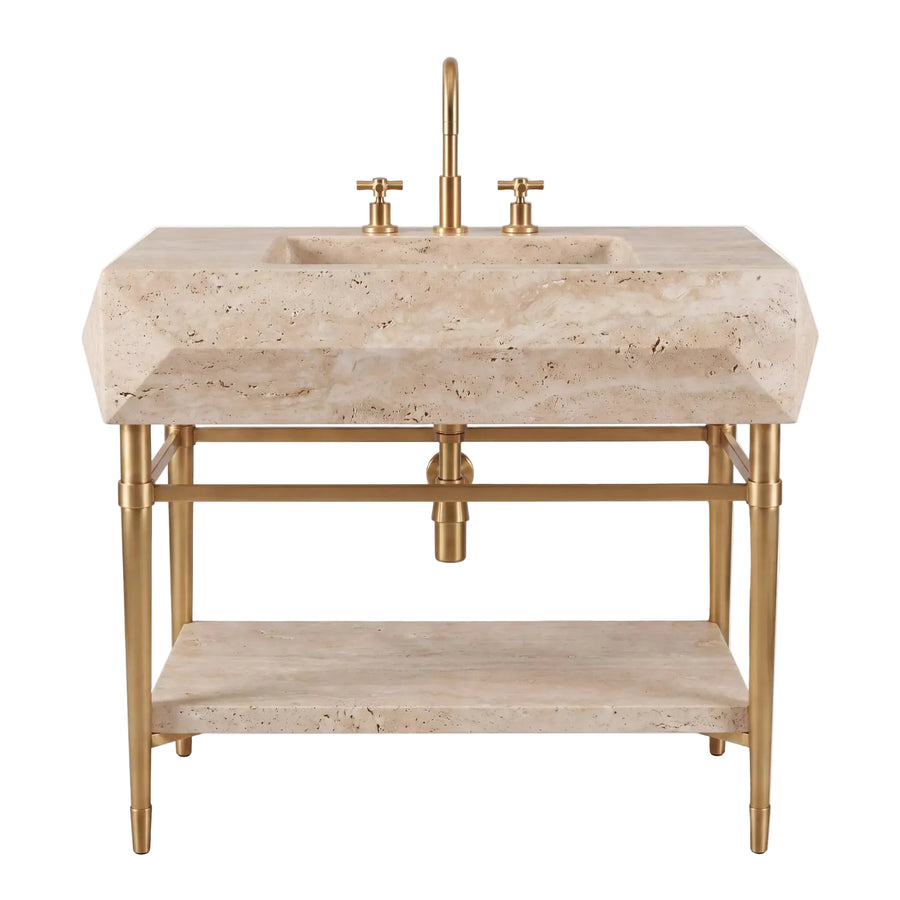 Pure – Custom Travertine Marble Sink Vanity with Solid Brass Console Leg