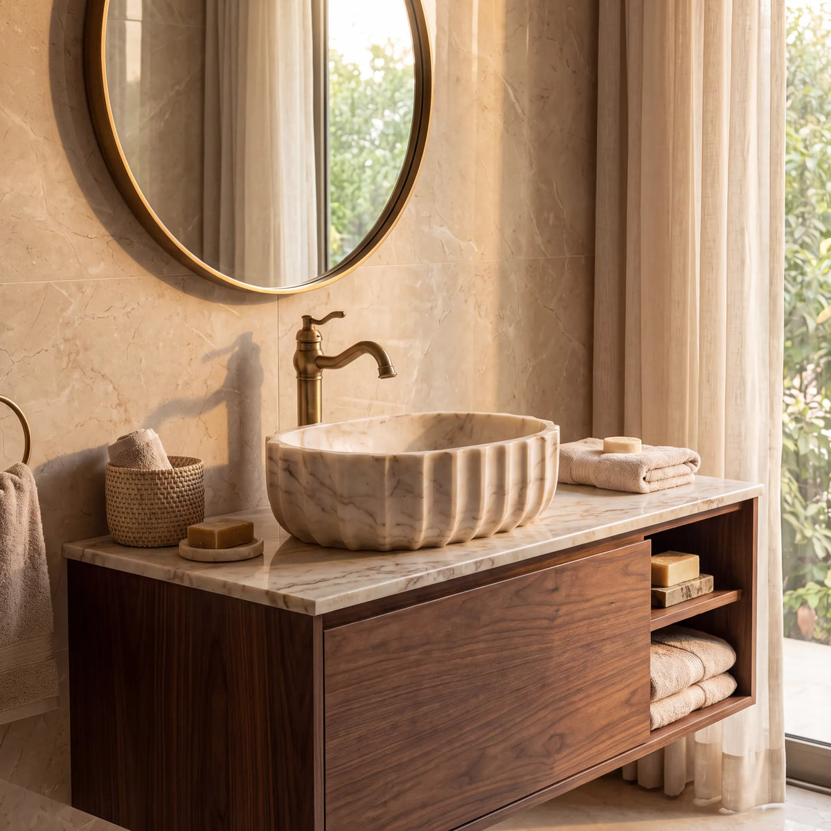 RMD-002 Aurevanta round Calacatta Gold marble vessel sink styled on an elegant bathroom vanity