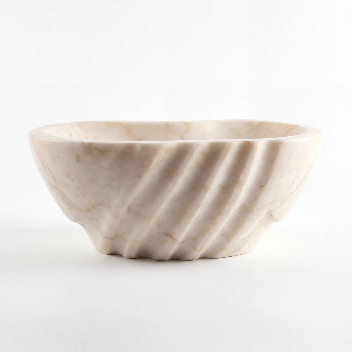 Front view of RMD-005 Aurevella round Calacatta Gold marble vessel sink with polished finish