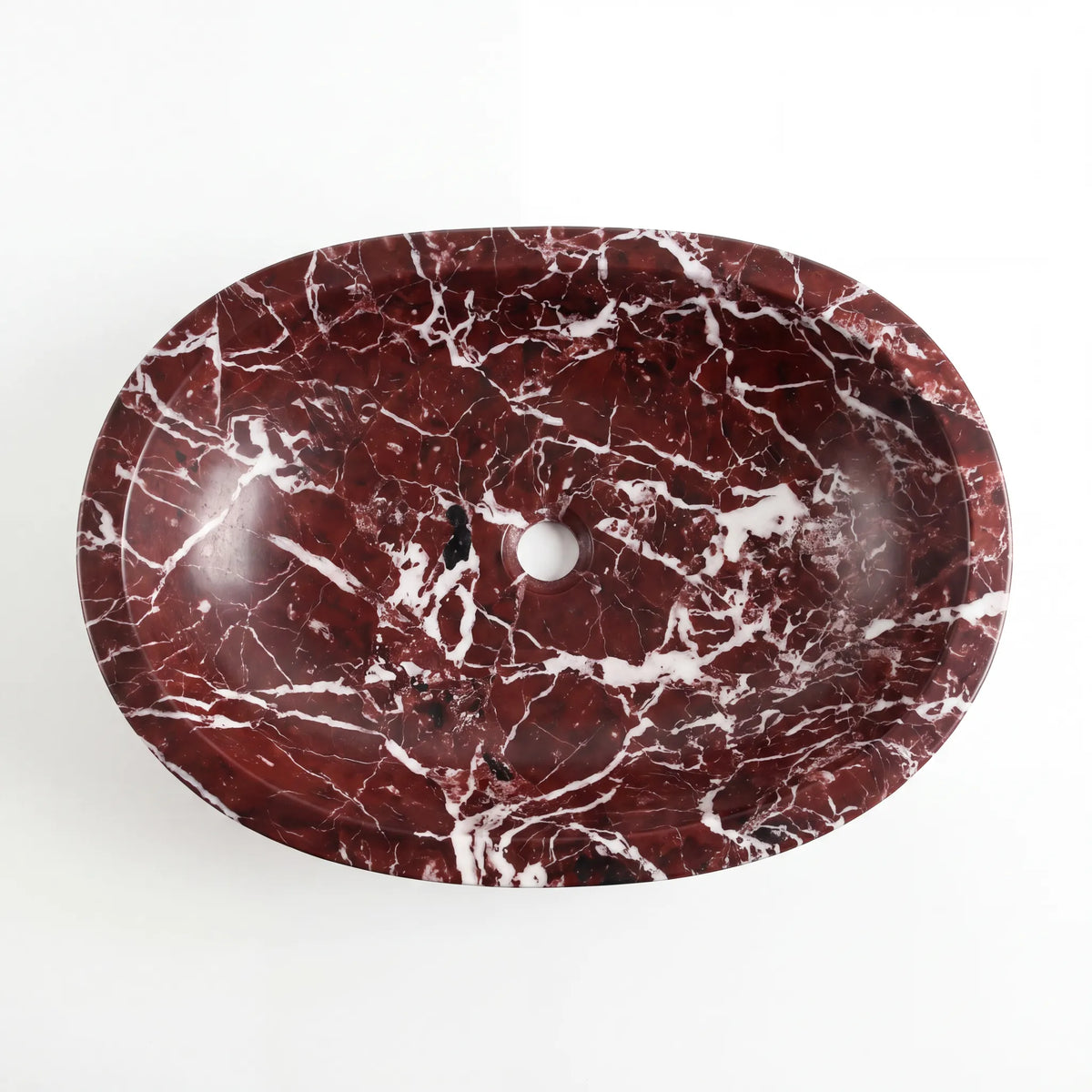 Detailed view of RMD-006 Rossavelle Rosso Levanto marble vessel sink showing rich natural veining