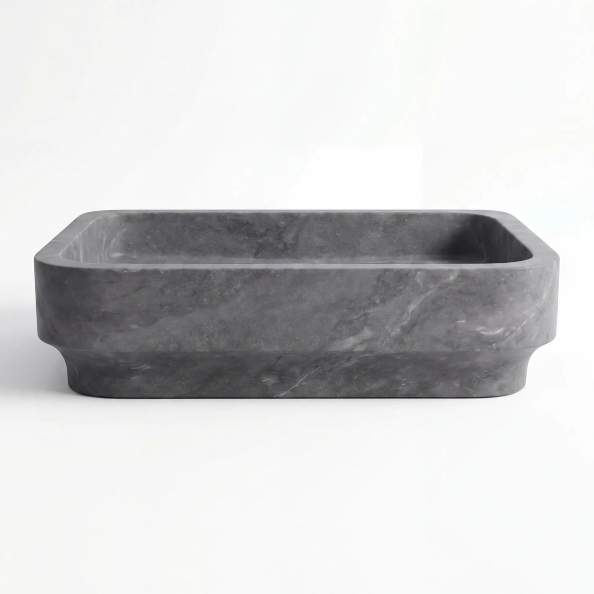 Front view of RMD-007 Grivora round grey marble vessel sink with polished finish