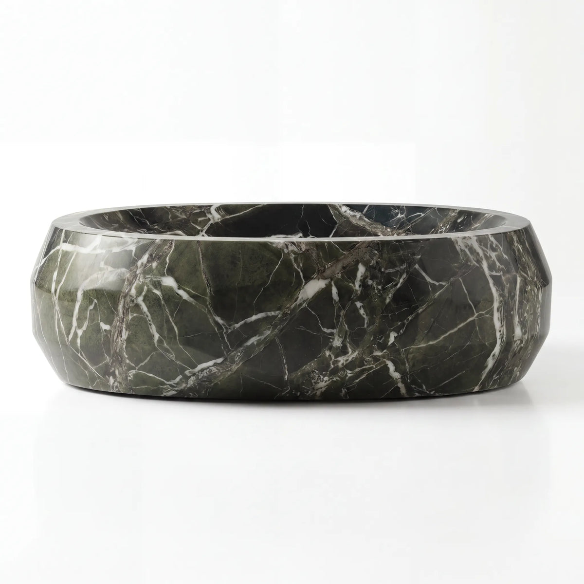 Front view of RMD-008 Verdavienne round green marble vessel sink with polished finish