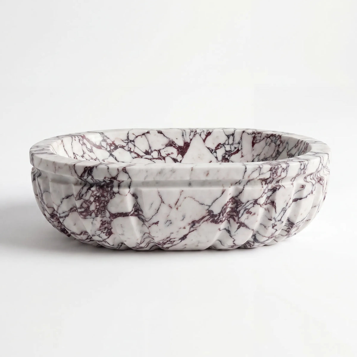 Front view of RMD-009 Violavessa round Calacatta Viola marble vessel sink with polished finish