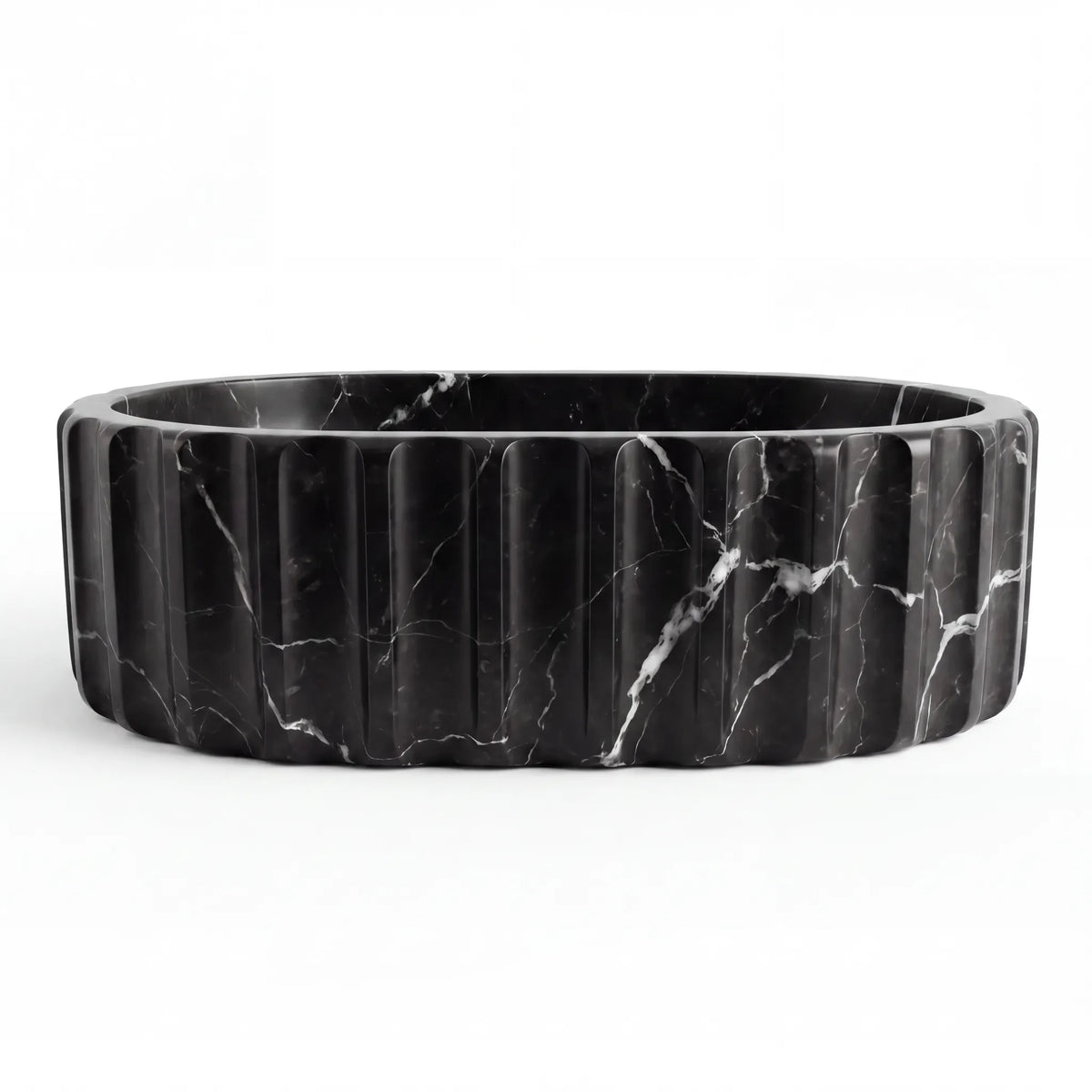Front view of RMD-010 Neravena oval Nero Marquina marble vessel sink with polished finish