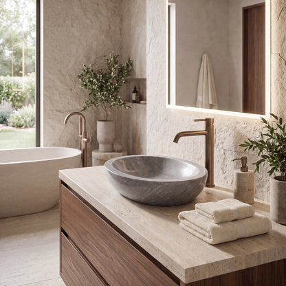 RMD-011 Round Grey Marble Vessel Sink Basin