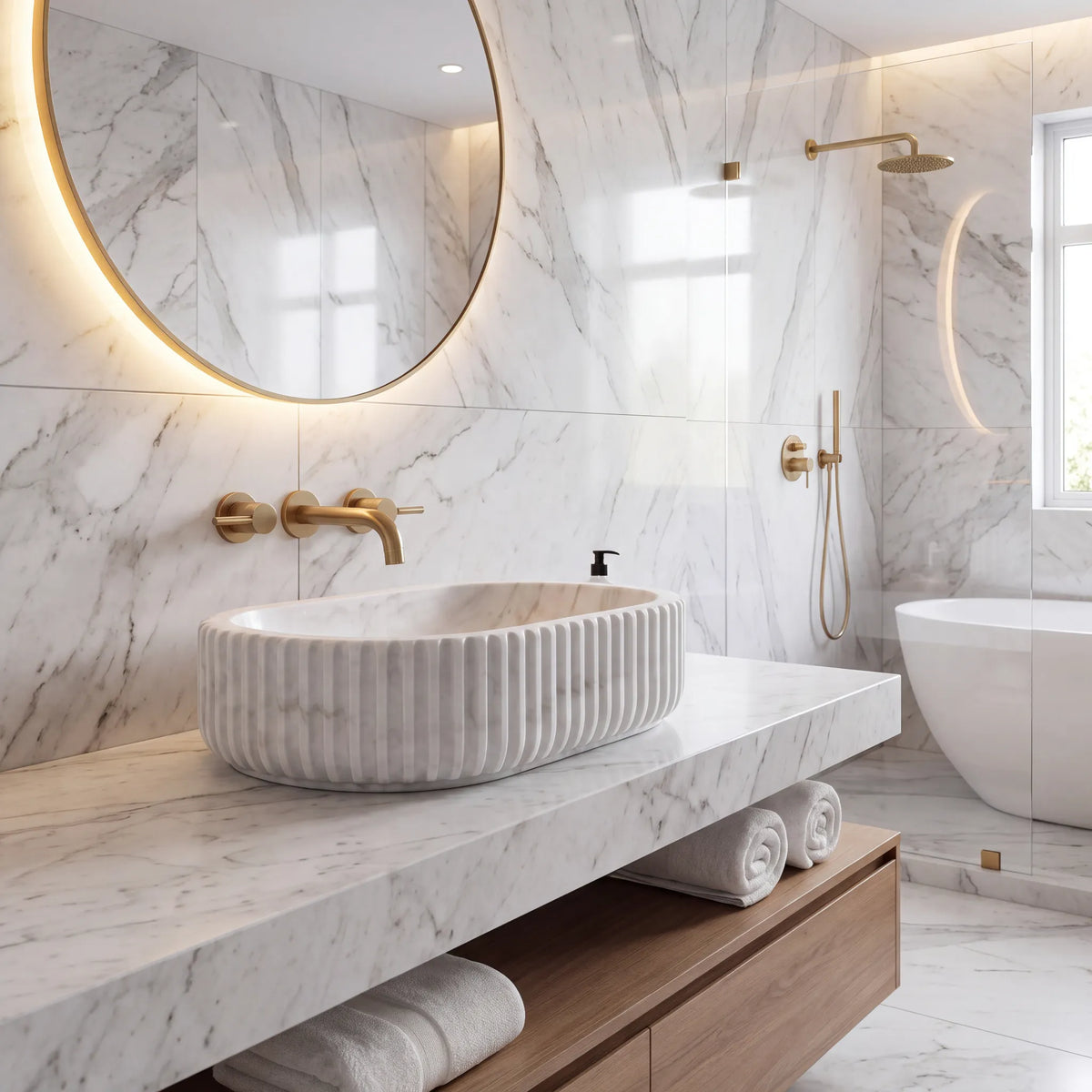 RMD-012 Carravena round Carrara white marble vessel sink styled on an elegant bathroom vanity