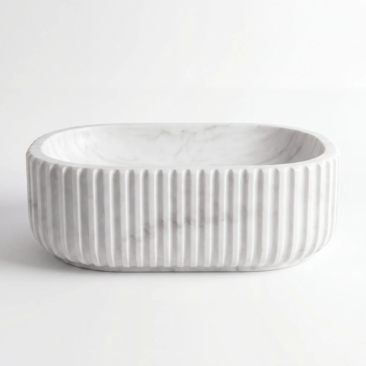 Front view of RMD-012 Carravena round Carrara white marble vessel sink with polished finish
