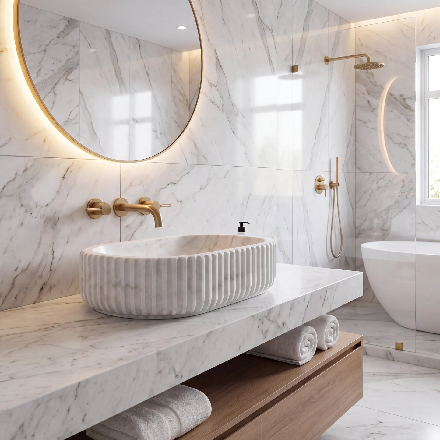 RMD-012 Round  Carrara White Vessel Sink Basin