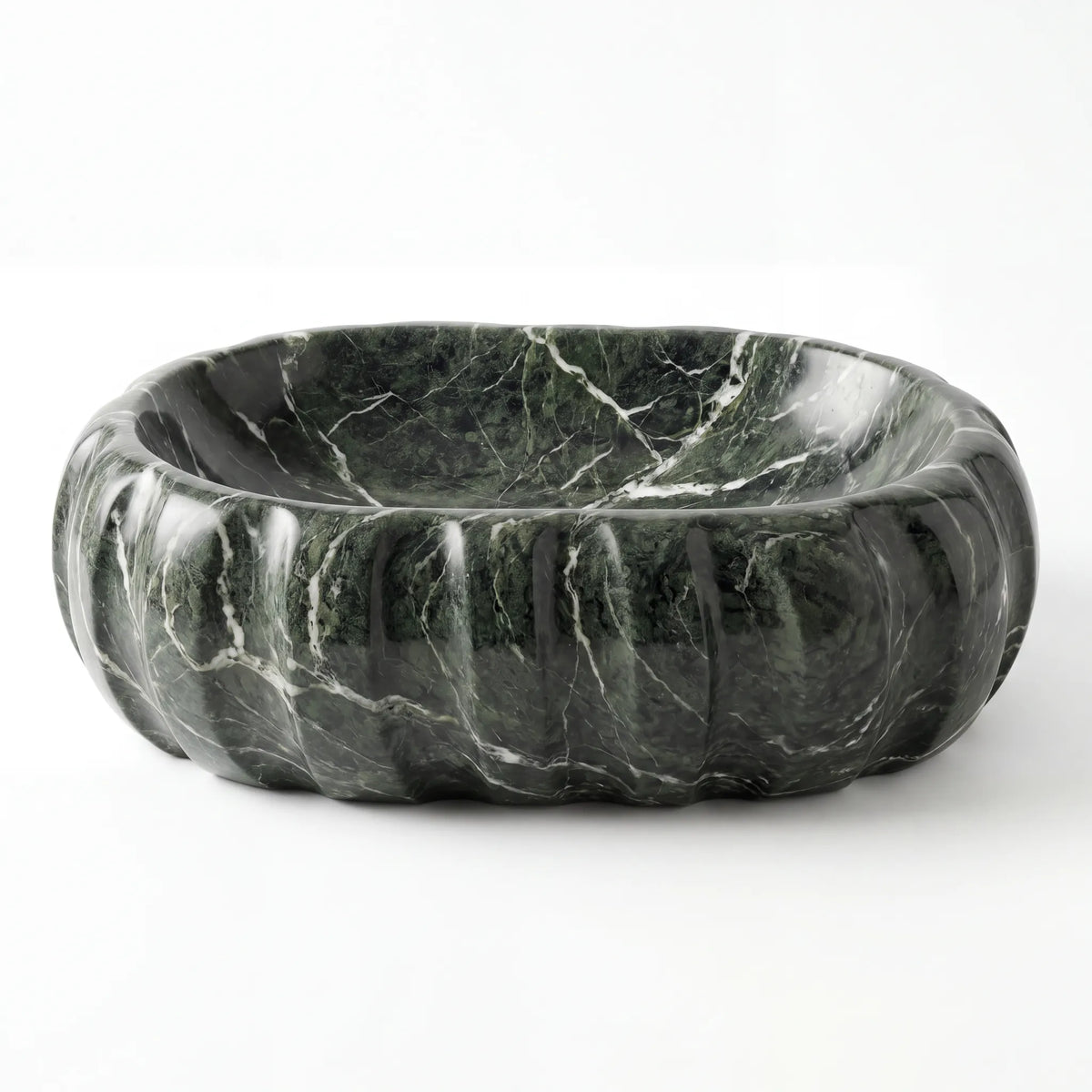 Front view of RMD-013 Verdalis round green marble vessel sink with polished finish