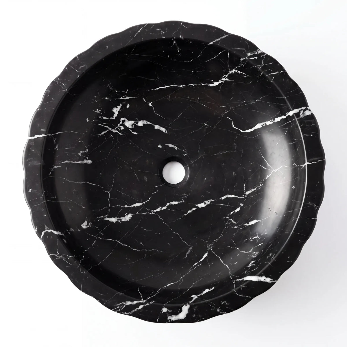Detailed view of RMD-014 Nerovelle Nero Marquina marble vessel sink showing distinctive white veining