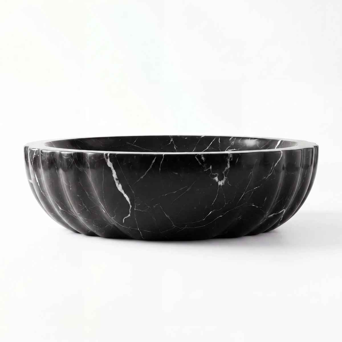 Front view of RMD-014 Nerovelle round Nero Marquina marble vessel sink with polished finish