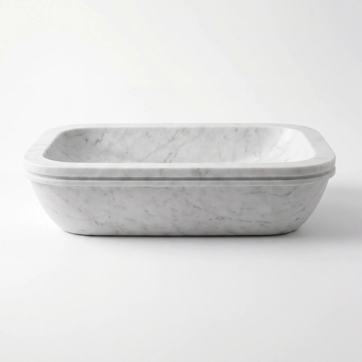 Front view of RMD-015 Carravelle round Carrara white marble vessel sink with polished finish
