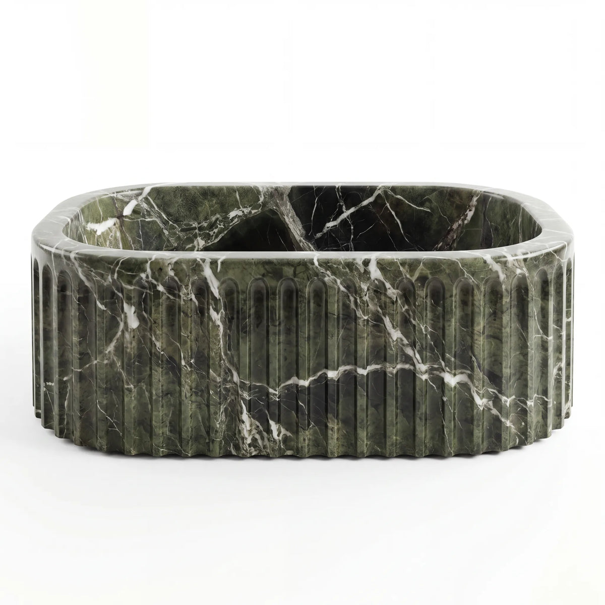 Front view of RMD-017 Verdavere rectangular green marble vessel sink with polished finish