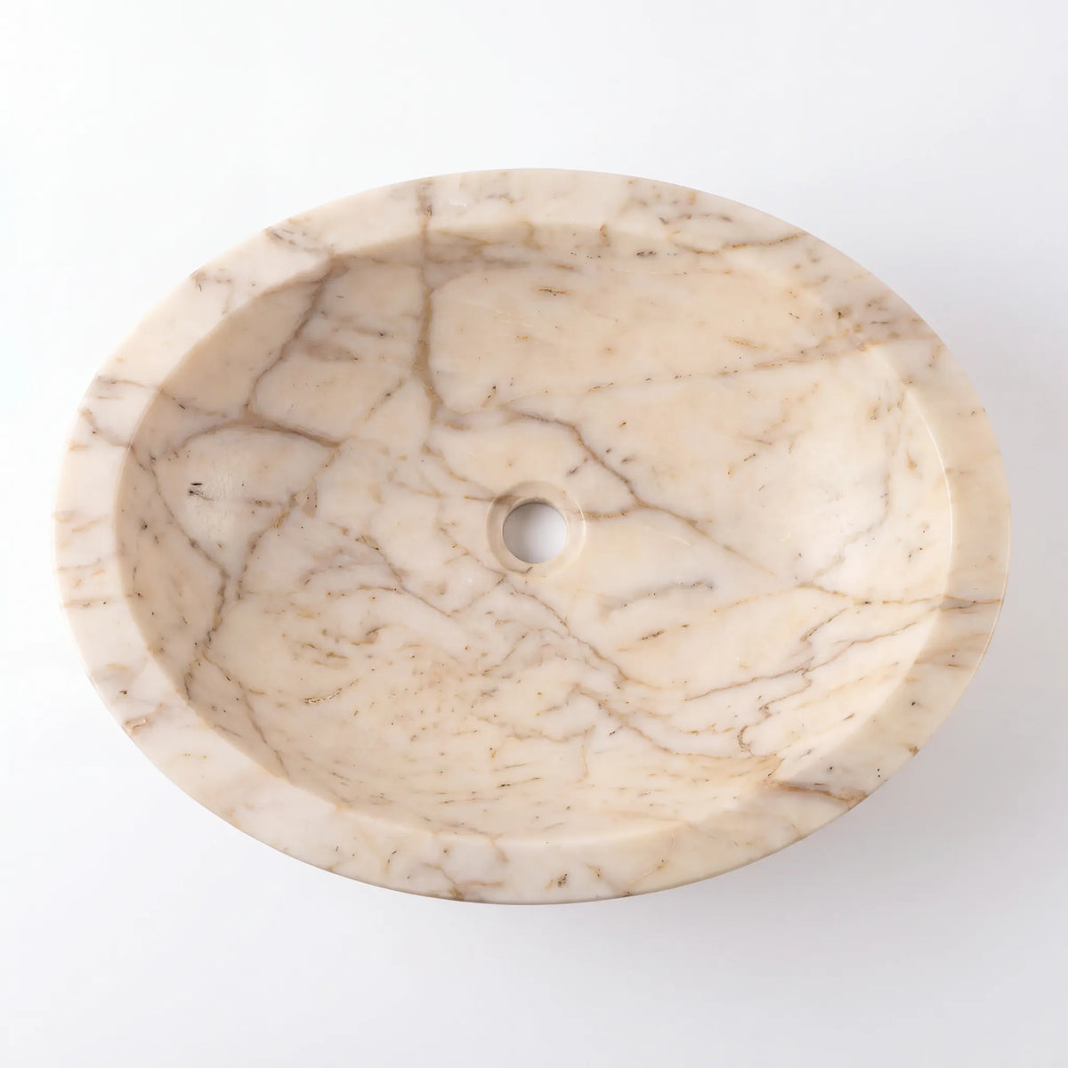 Detailed view of RMD-018 Auremont Calacatta Gold marble vessel sink showing elegant golden veining