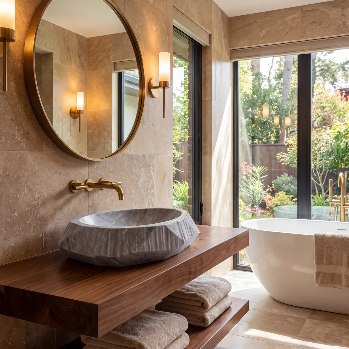 RMD-020 Grivane round grey marble vessel sink styled on an elegant bathroom vanity