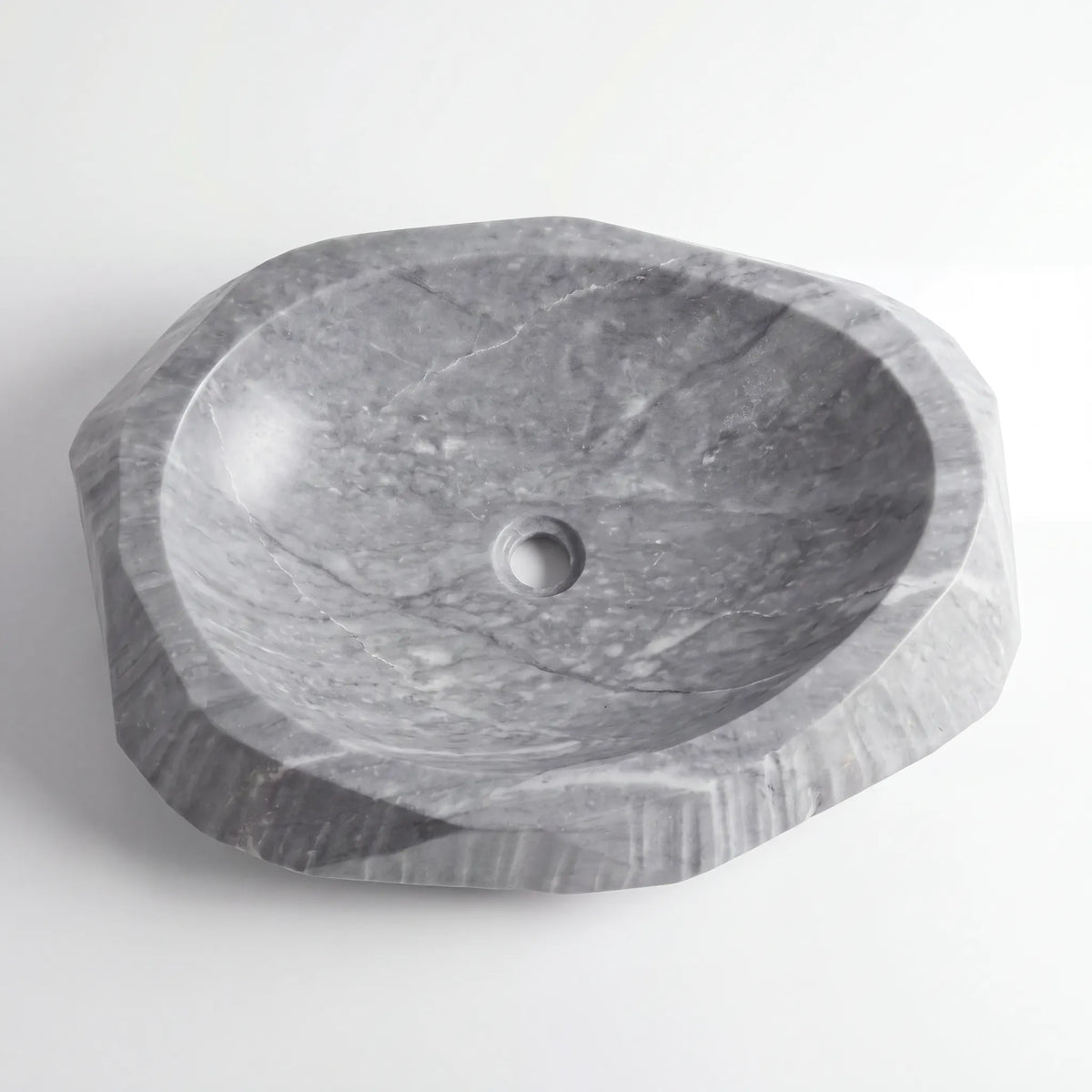 Detailed view of RMD-020 Grivane grey marble vessel sink showing distinctive natural veining