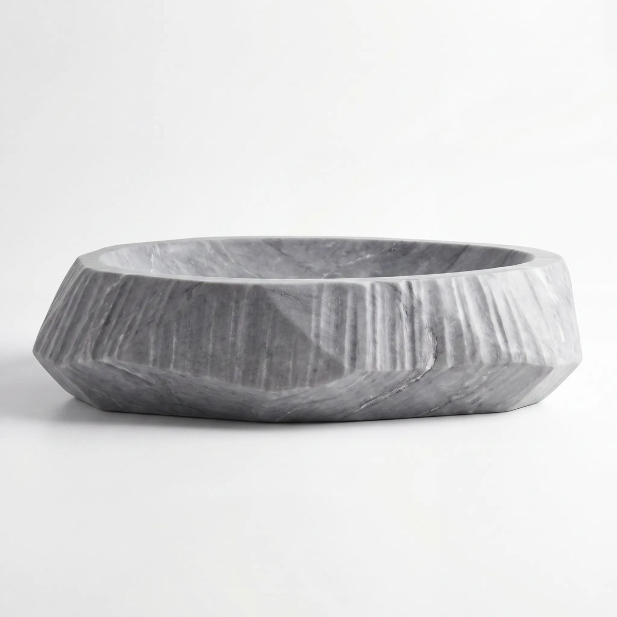 Front view of RMD-020 Grivane round grey marble vessel sink with polished finish