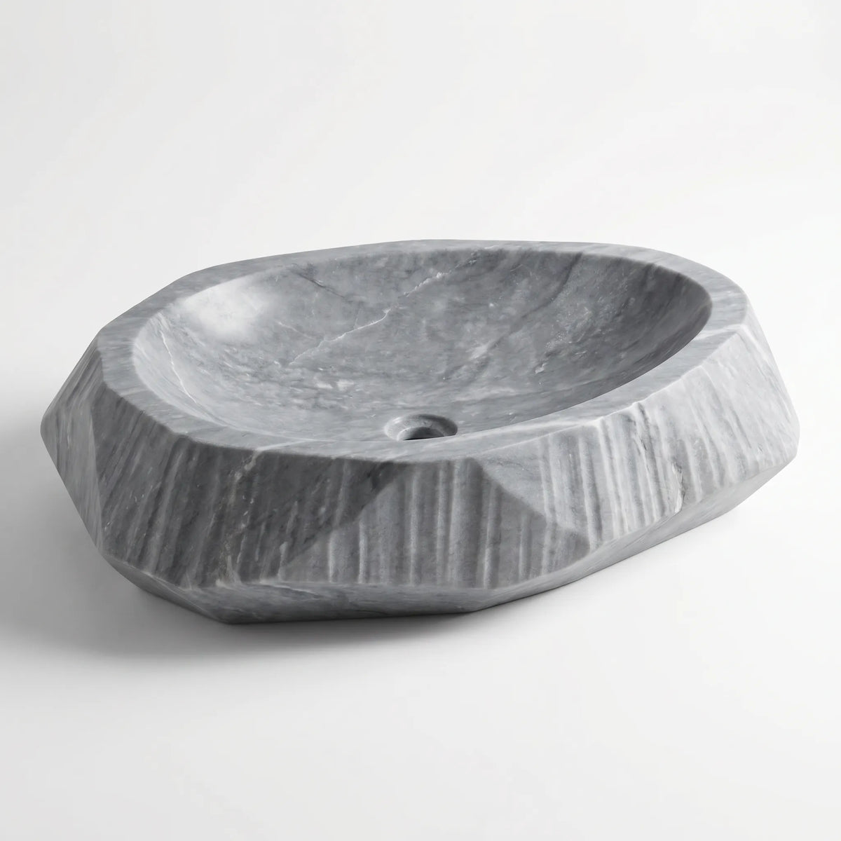 RMD-020 Grivane round grey marble vessel sink with distinctive natural veining