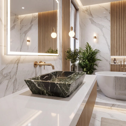 RMD-021 Verdavena oval green marble vessel sink styled on an elegant bathroom vanity