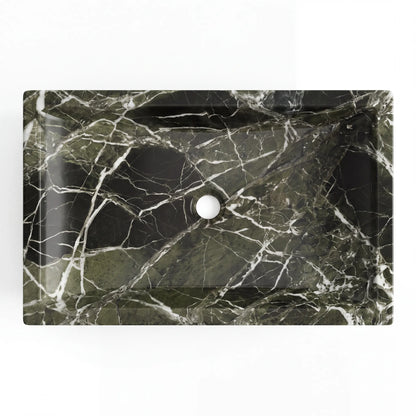 Detailed view of RMD-021 Verdavena green marble vessel sink showing distinctive natural veining
