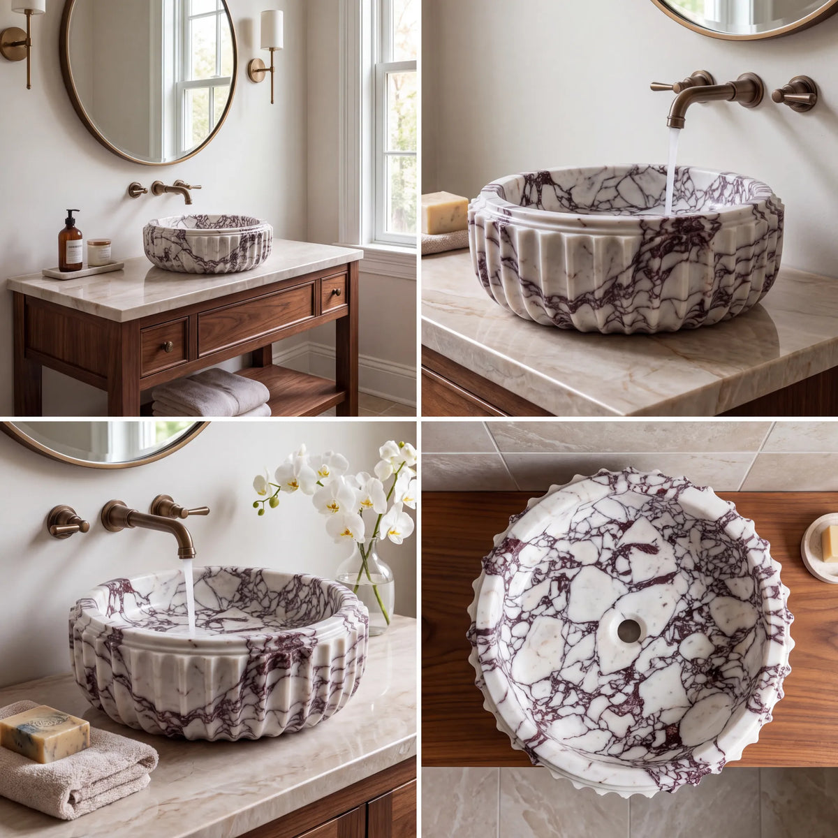 RMD-022 Violavora round Calacatta Viola marble vessel sink styled on an elegant bathroom vanity