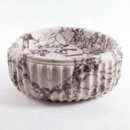 Front view of RMD-022 Violavora round Calacatta Viola marble vessel sink with polished finish
