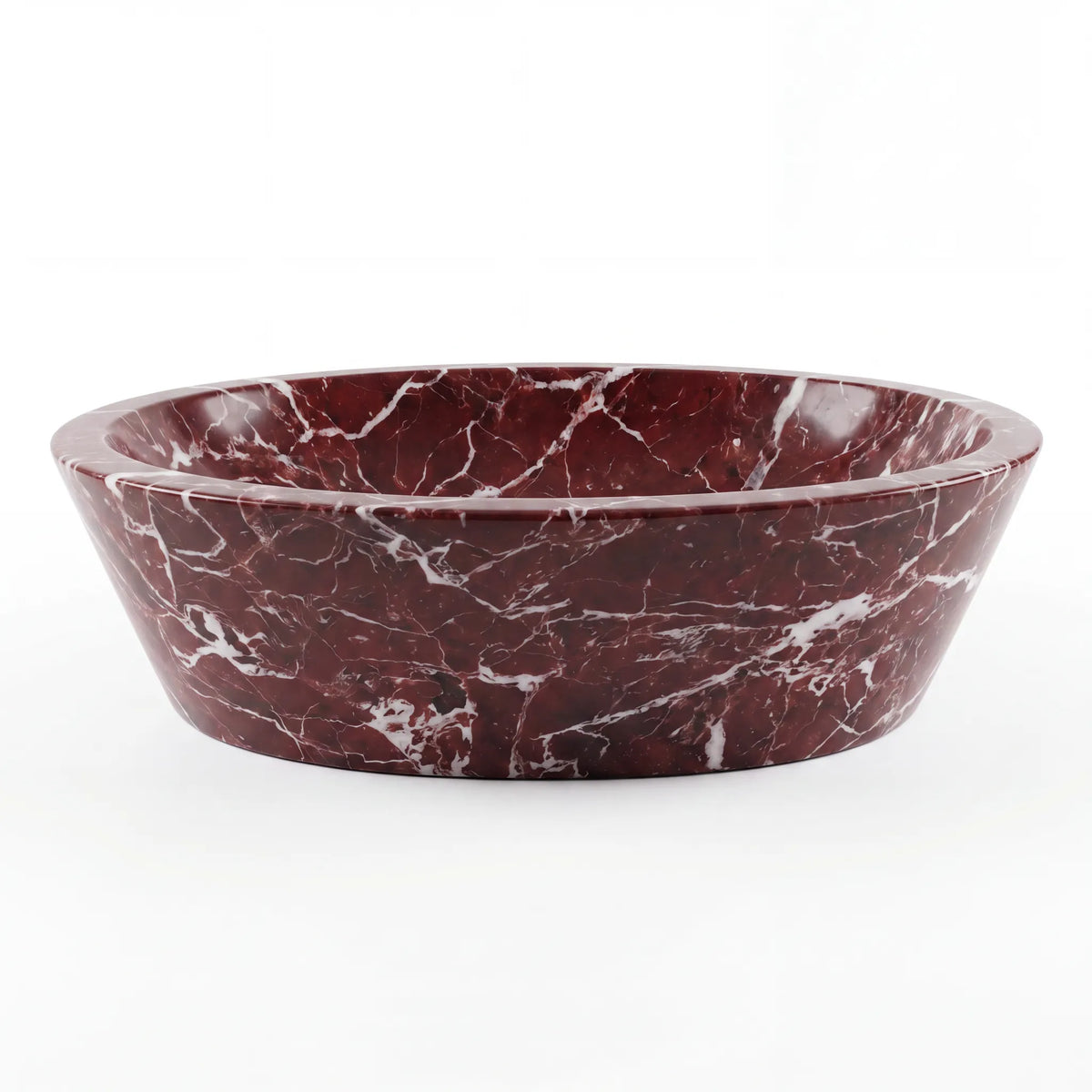 Front view of RMD-023 Rossavena oval Rosso Levanto marble vessel sink with polished finish