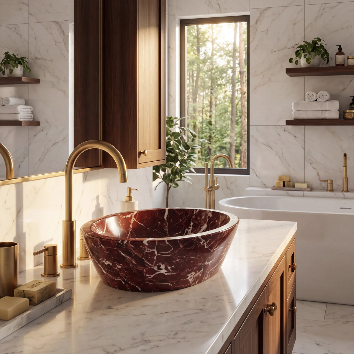 RMD-023 Rossavena oval Rosso Levanto marble vessel sink styled on an elegant bathroom vanity