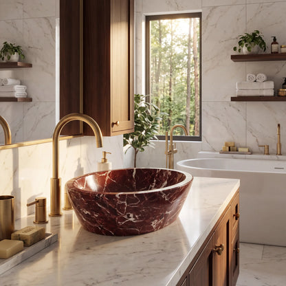 RMD-023 Rossavena oval Rosso Levanto marble vessel sink styled on an elegant bathroom vanity