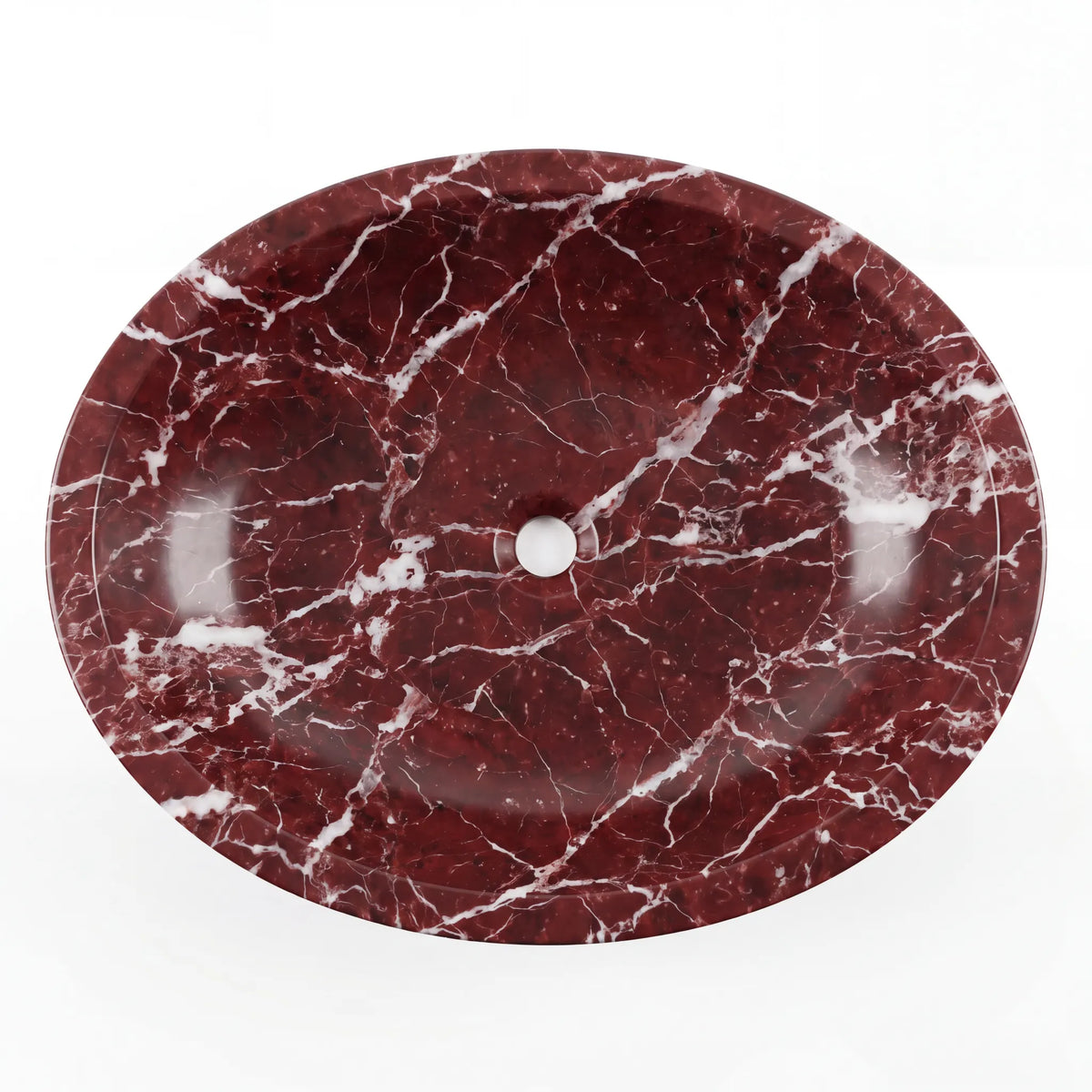 Detailed view of RMD-023 Rossavena Rosso Levanto marble vessel sink showing rich natural veining