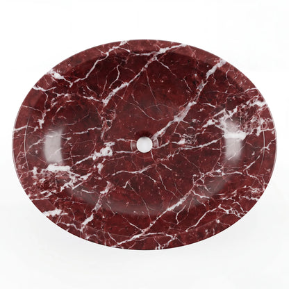Detailed view of RMD-023 Rossavena Rosso Levanto marble vessel sink showing rich natural veining