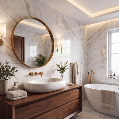 RMD-024 Carravissa round Carrara white marble vessel sink styled on an elegant bathroom vanity