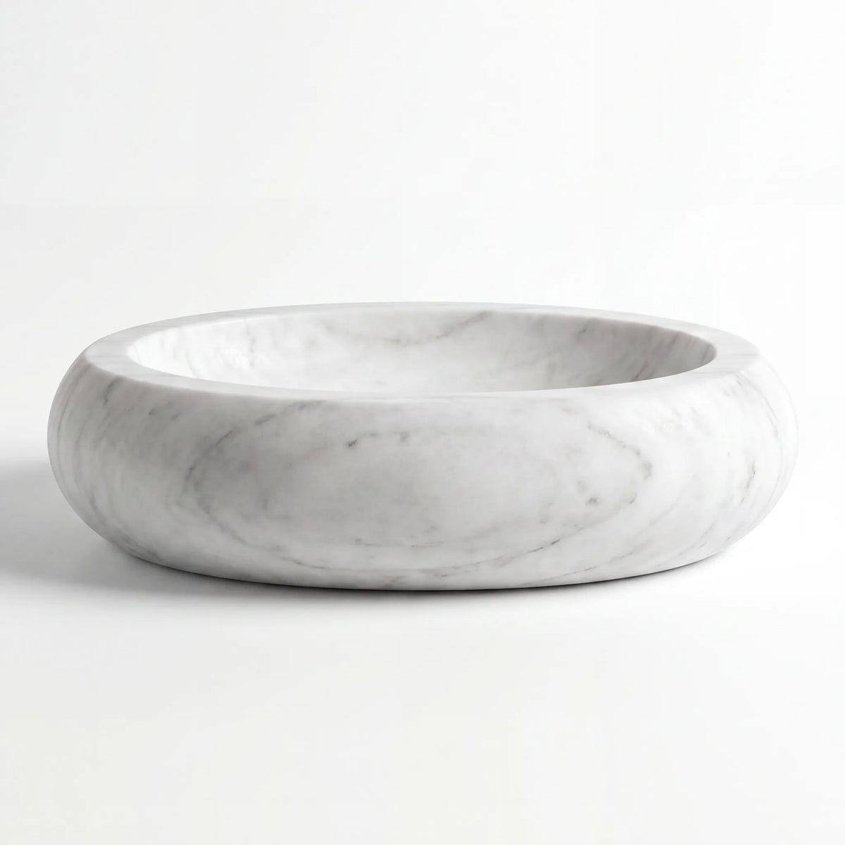 Front view of RMD-024 Carravissa round Carrara white marble vessel sink with polished finish