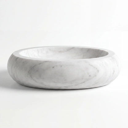Front view of RMD-024 Carravissa round Carrara white marble vessel sink with polished finish