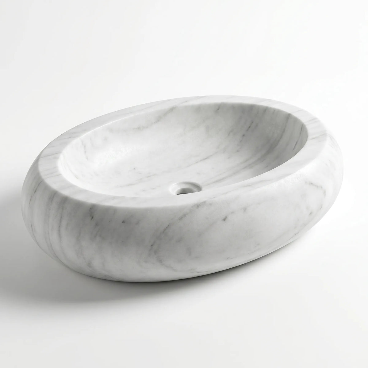RMD-024 Carravissa round Carrara white marble vessel sink with elegant natural veining