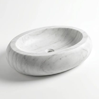 RMD-024 Carravissa round Carrara white marble vessel sink with elegant natural veining