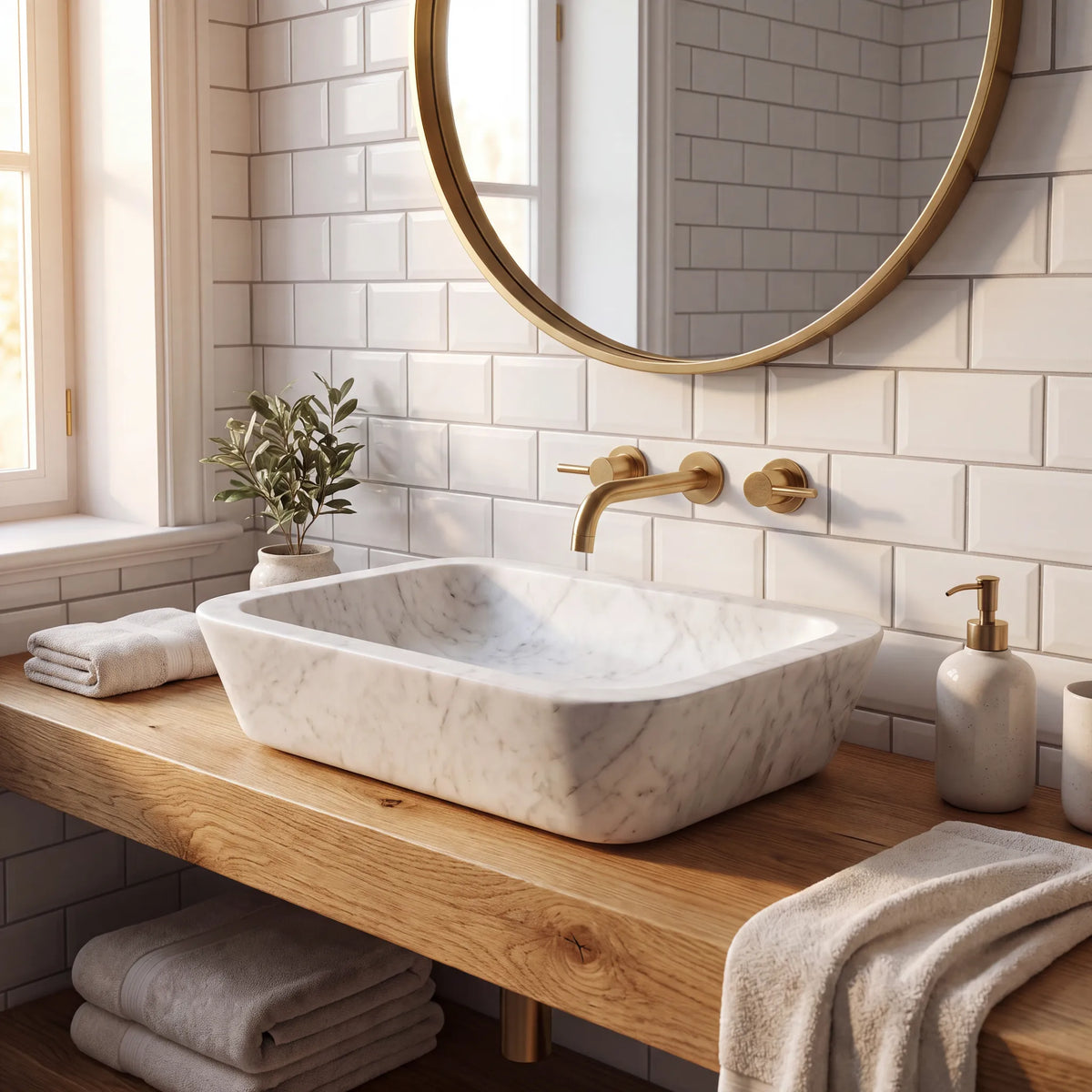 RMD-025 Carravelle round Carrara white marble vessel sink styled on an elegant bathroom vanity