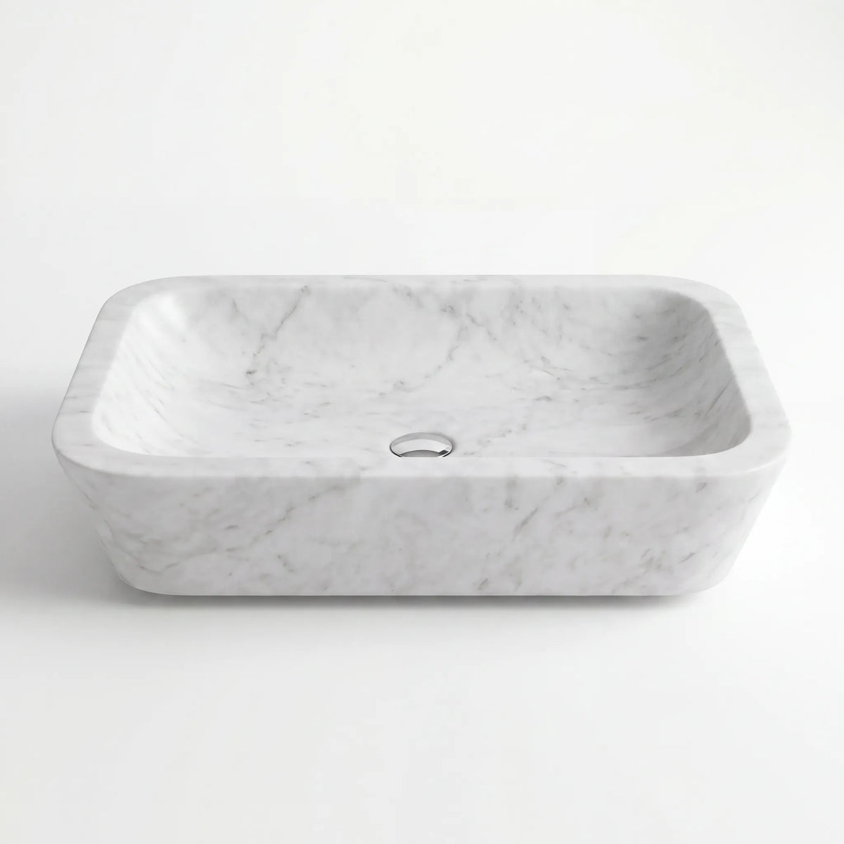 Front view of RMD-025 Carravelle round Carrara white marble vessel sink with polished finish