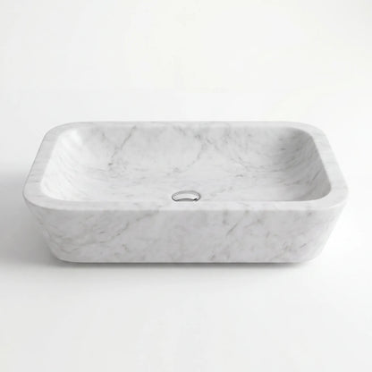 Front view of RMD-025 Carravelle round Carrara white marble vessel sink with polished finish