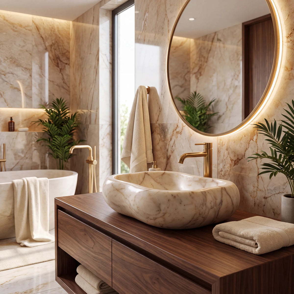 RMD-026 Aurevista round Calacatta Gold marble vessel sink styled on an elegant bathroom vanity
