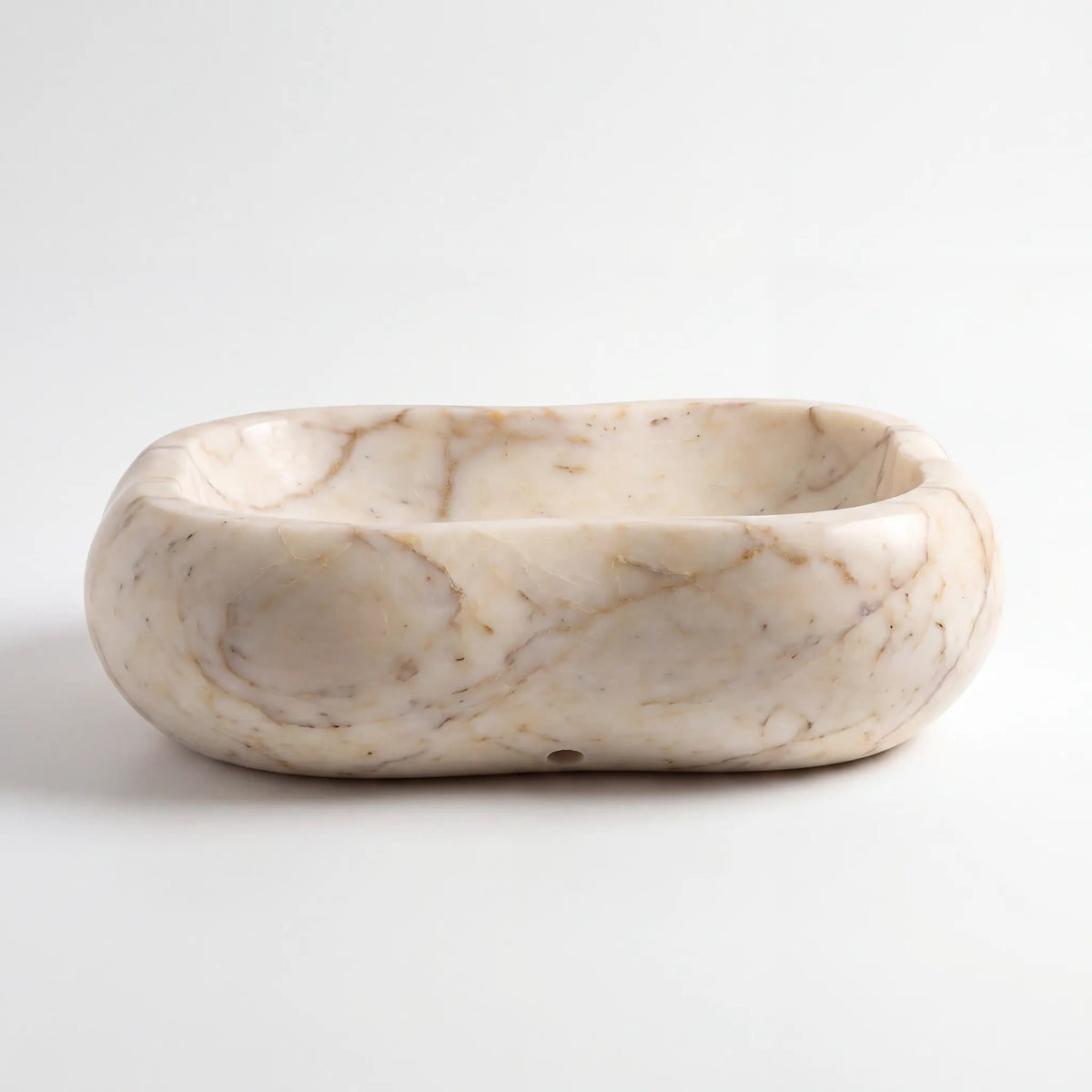 Front view of RMD-026 Aurevista round Calacatta Gold marble vessel sink with polished finish