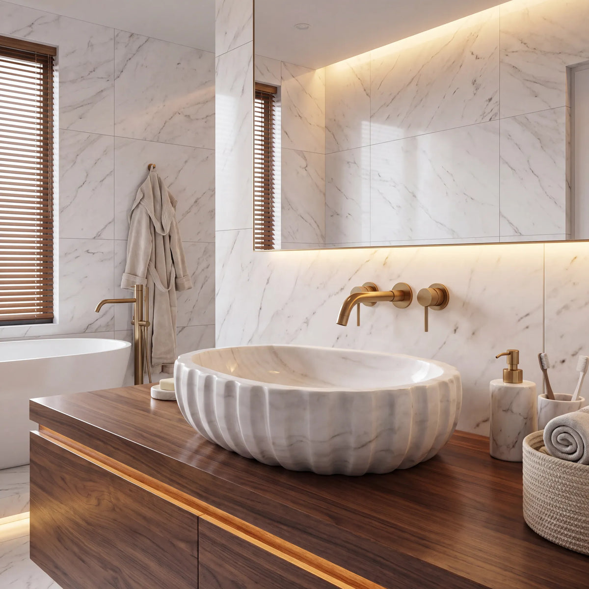 RMD-027 Carralora round Carrara white marble vessel sink styled on an elegant bathroom vanity