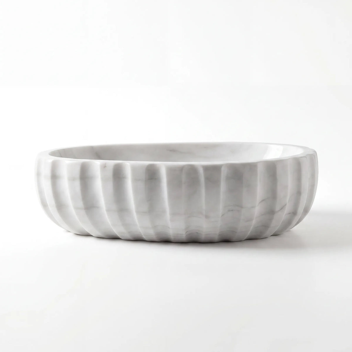 Front view of RMD-027 Carralora round Carrara white marble vessel sink with polished finish