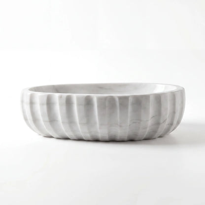 Front view of RMD-027 Carralora round Carrara white marble vessel sink with polished finish