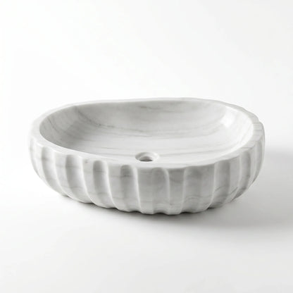 RMD-027 Carralora round Carrara white marble vessel sink with elegant natural veining