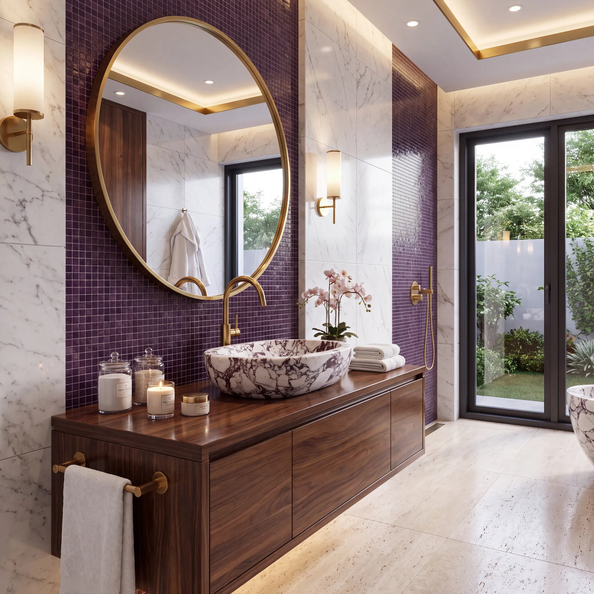 RMD-028 Violavena round Calacatta Viola marble vessel sink styled on an elegant bathroom vanity