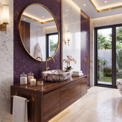 RMD-028 Violavena round Calacatta Viola marble vessel sink styled on an elegant bathroom vanity