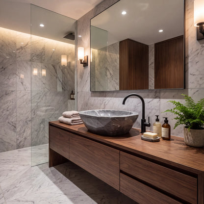 RMD-029 Grivella round grey marble vessel sink styled on an elegant bathroom vanity